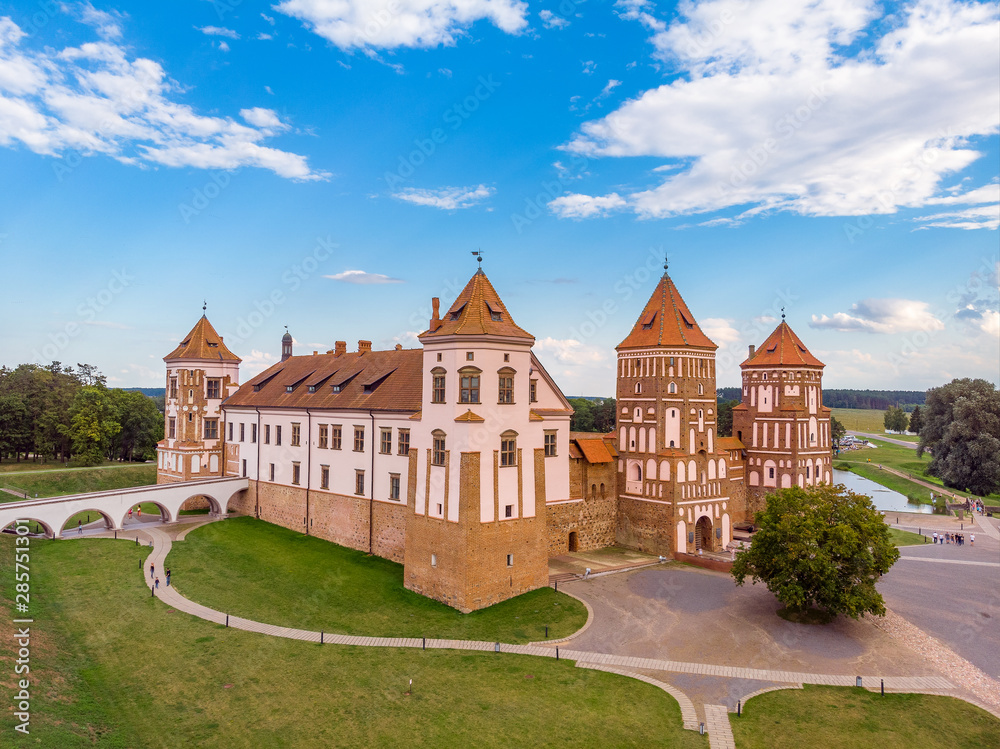 View of Mir castle, Belarus. Drone aerial photo