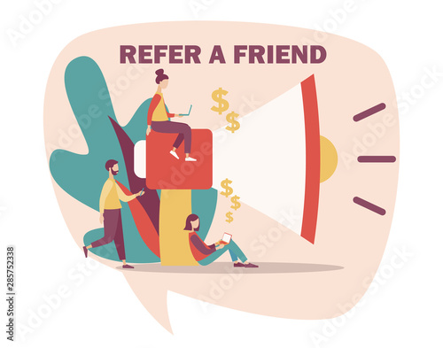 Refer a friend concept. Flat cartoon style. Vector illustration