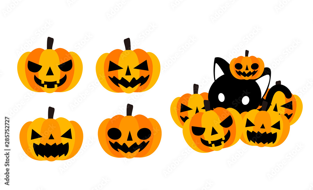 ハロウィン素材 かぼちゃのお化け ジャック オー ランタンと黒猫のイラストアイコン素材 Stock Vector Adobe Stock