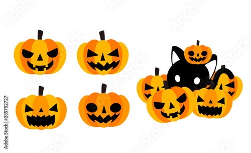 ハロウィン素材・かぼちゃのお化け・ジャック・オー・ランタンと黒猫のイラストアイコン素材
