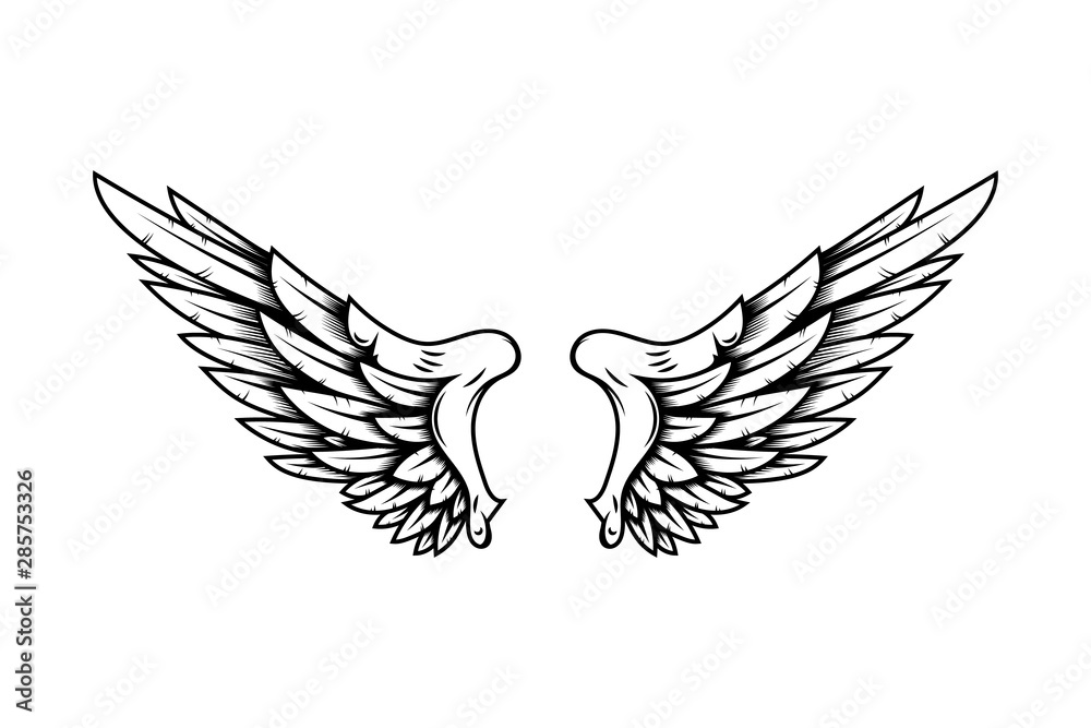 Fototapeta premium Eagle wings in tattoo style isolated on white background. Design element for poster, t shirt, card, emblem, sign, badge. Vector illustration