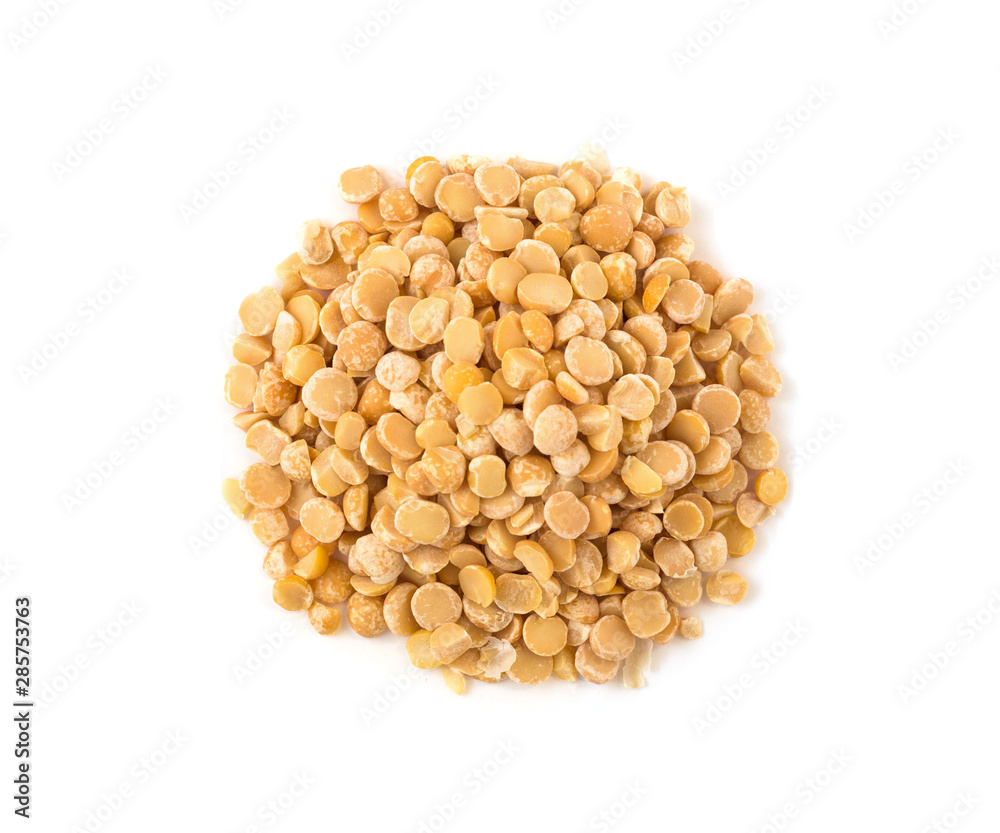 Top view of yellow split pea seeds. Raw food isolated on white background Top view of yellow split pea seeds. Raw food isolated on white background