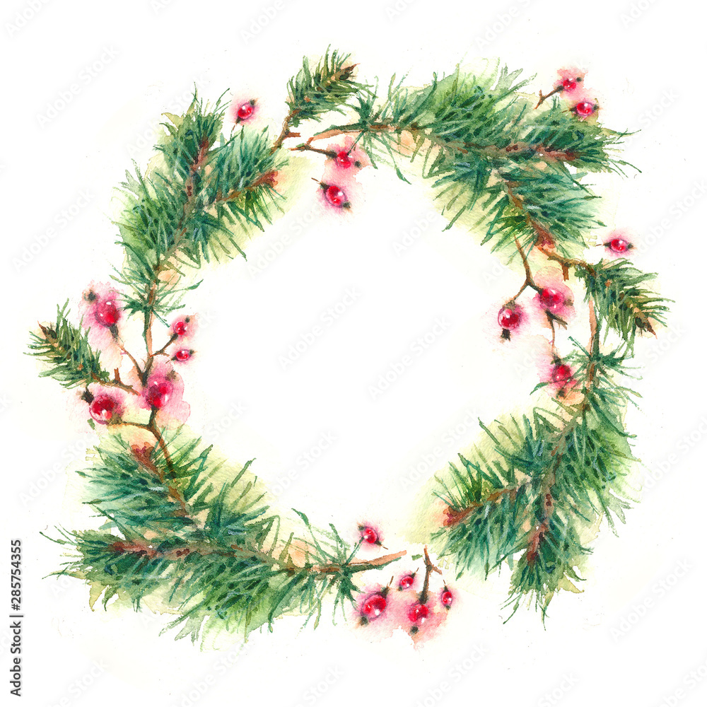 Watercolor Christmas wreath of fir branches and berries, holiday card on a white background