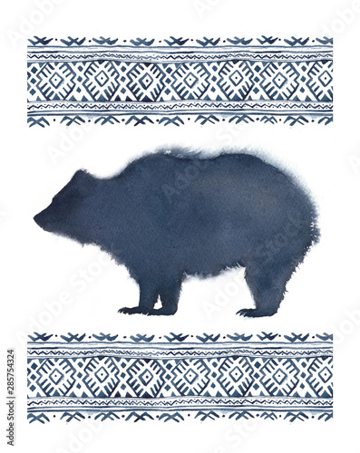 Watercolor illustration in blue colors with the silhouette of a bear and a northern pattern.