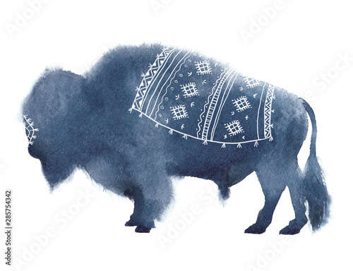 Watercolor realistic bison silhouette on white background