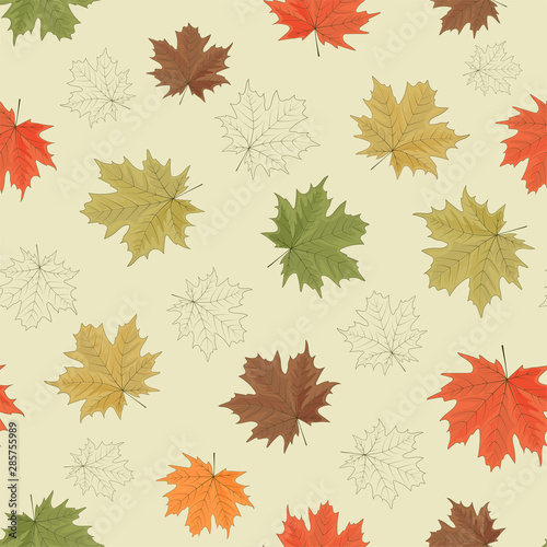 Seamless pattern with flying maple leaves and their outlines on a green background.