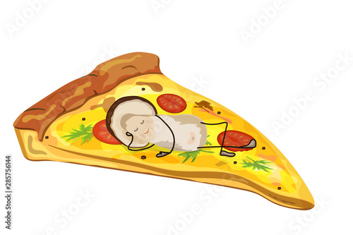 Slice of pizza with mushrooms. White mushroom lies on a piece of pizza