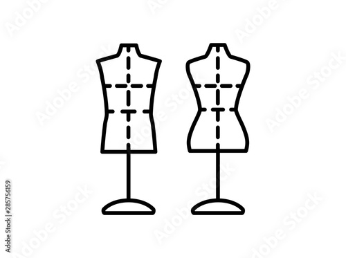 Male & female dressmaking mannequin with base stand & sewing markings. Sign of tailor dummy. Display model, body. Professional dress form. Line icon. Vector illustration
