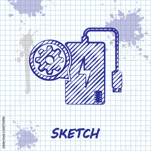 Sketch line Power bank with charge cable and gear icon isolated on white background. Adjusting app, service concept, setting options, maintenance, repair. Vector Illustration