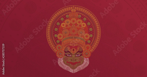 Happy Onam Kathakali line art illustration on burgundy red background with ornament