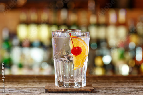 Refreshing cocktail tom collins on the bar counter