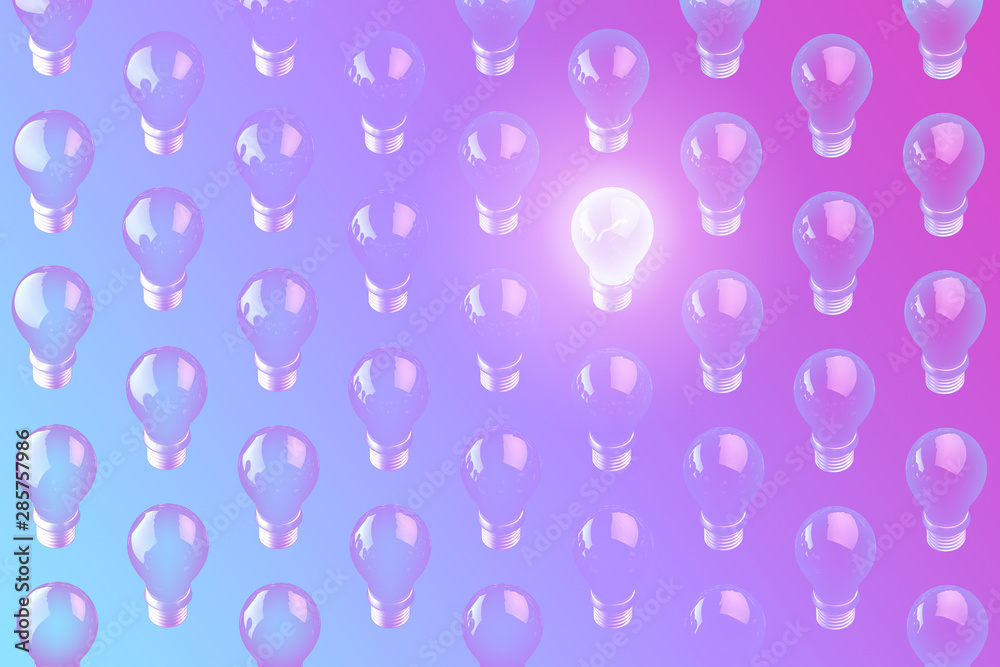 Isometric pattern. Group of empty lamps with one different bright light on blue and pink gradient background. Metaphorical solution for business concept Isometric pattern. Group of empty lamps with one different bright light on blue and pink gradient background. Metaphorical solution for business concept