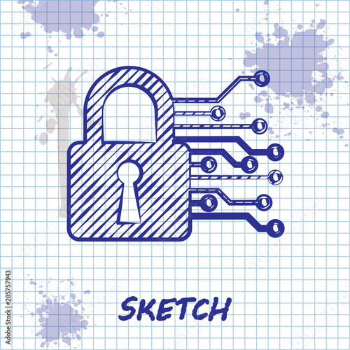 Sketch line Cyber security icon isolated on white background. Closed padlock on digital circuit board. Safety concept. Digital data protection. Vector Illustration