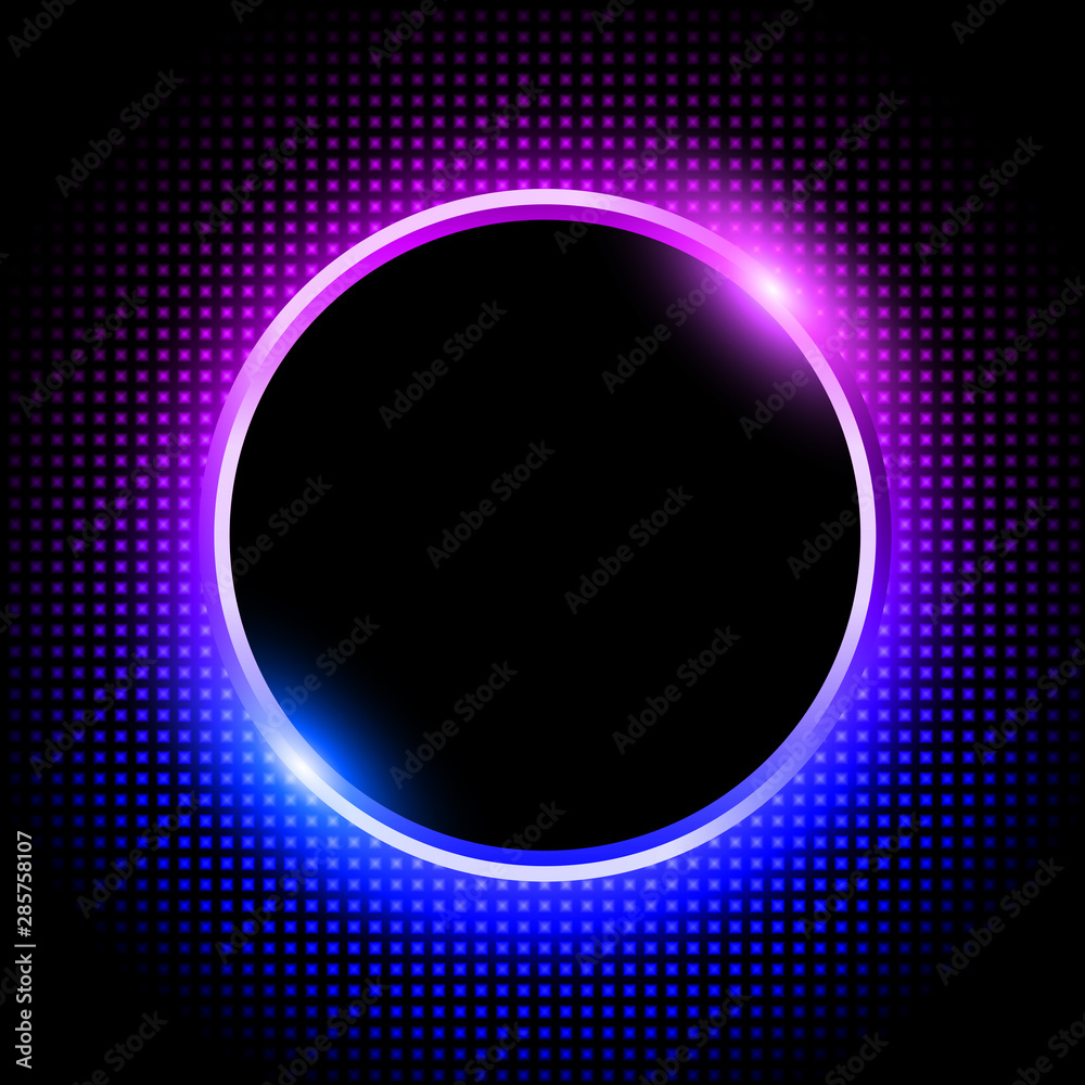 Obraz premium Silver sparkling ring with purple blue neon glitter on black background