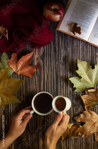 Female hands holding a cup of hot tea and a mug with honey. Tea, honey, autumn leaves, a book and a woolen sweater on a rustic background. Autumn cozy mood. Autumn background. Flat lay. Vertical