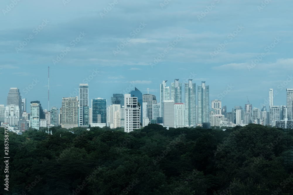 Urban cityscape and green forest in the city