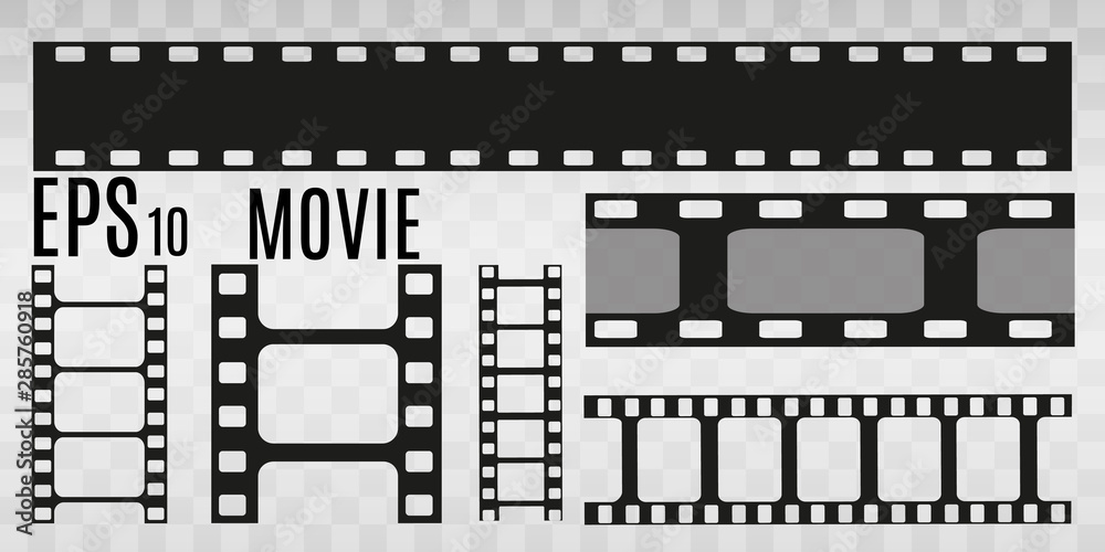 Set of film vector stripes isolated on transparent background.Film strip roll. Vector cinema background. Set of film vector stripes isolated on transparent background.Film strip roll. Vector cinema background.