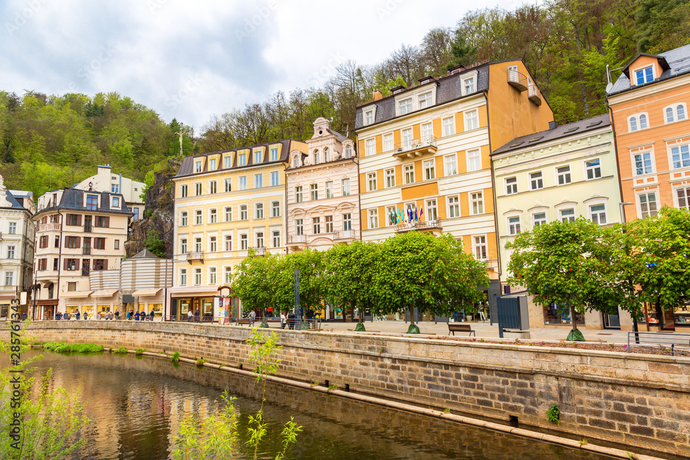 City river and old buildings, Karlovy Vary