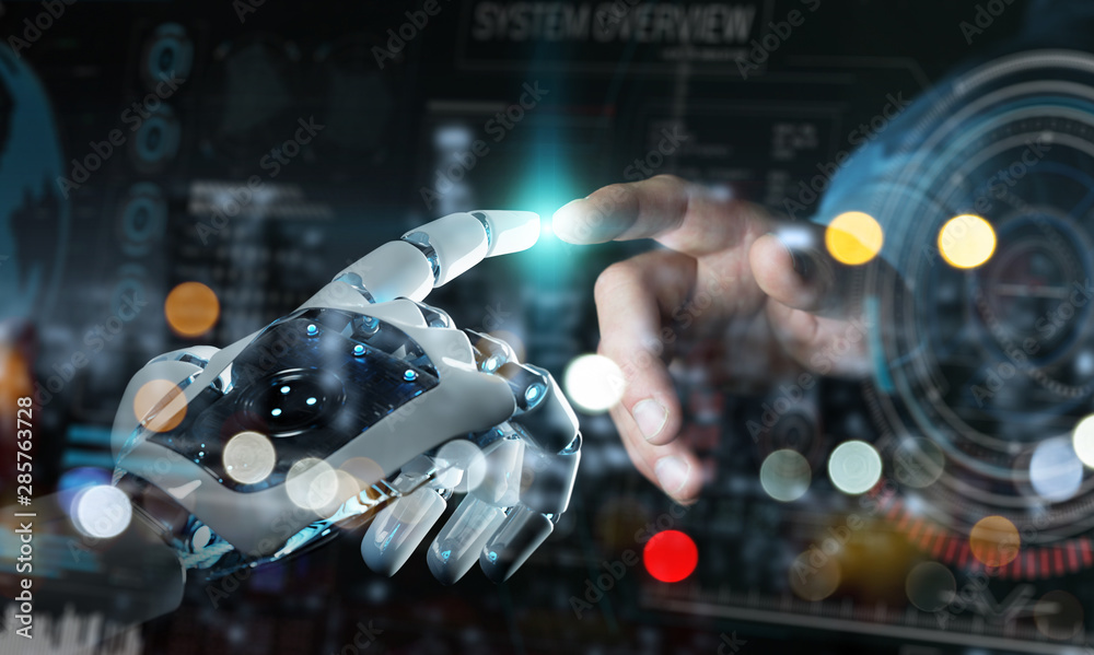 Robot hand and human hand touching digital graph interface 3D rendering