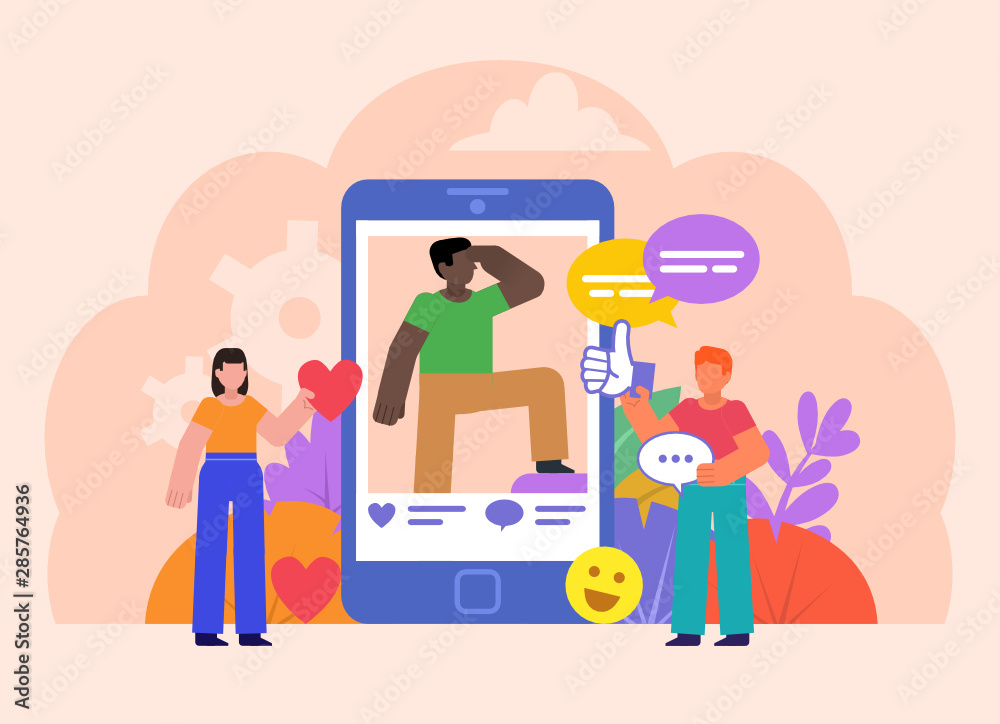 People in social media concept. Like, comment or share photo. Poster for social media, web page, banner, presentation. Flat design vector illustration