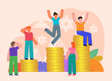Business income or savings growth. People stand on big stacks of coins. Poster for social media, web page, banner, presentation. Flat design vector illustration