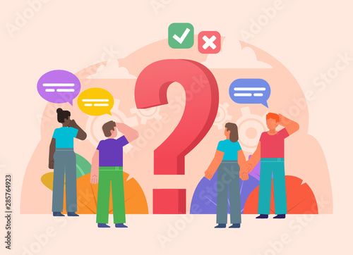 FAQ, frequently asked questions, support, help concept. People stand near big question mark. Poster for social media, web page, banner, presentation. Flat design vector illustration