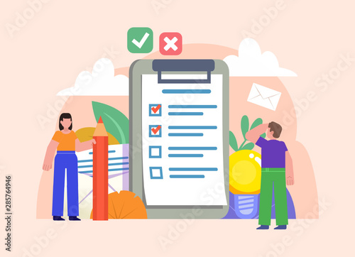 Business planner, todo list, time management concept. People stand near big check list, document. Poster for social media, web page, banner, presentation. Flat design vector illustration