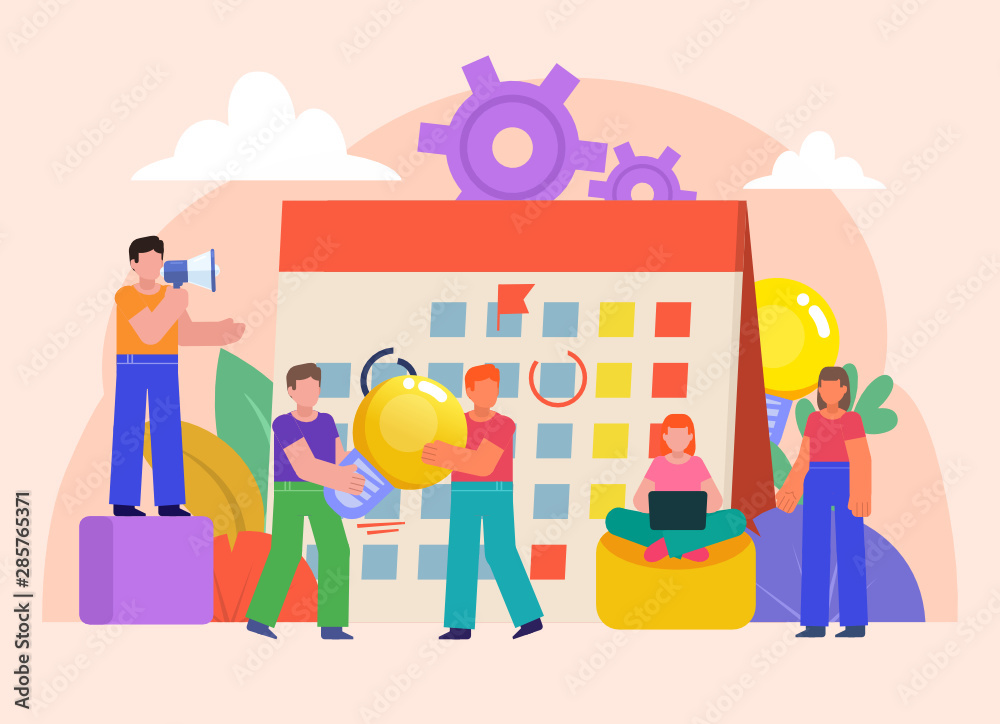 Office work management, schedule planning. People stand near big calendar. Poster for social media, web page, banner, presentation. Flat design vector illustration Office work management, schedule planning. People stand near big calendar. Poster for social media, web page, banner, presentation. Flat design vector illustration