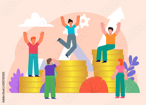 Career, income, financial growth. People stand near big stack of coins, cryptocurrency. Poster for social media, web page, banner, presentation. Flat design vector illustration