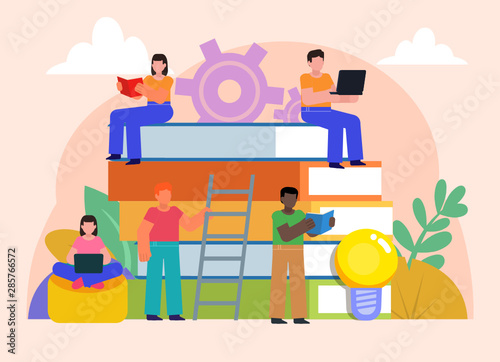 Online courses, distance or self education concept. Group of students stand near big stack of books. Flat design vector illustration. Poster for social media, web page, banner, presentation