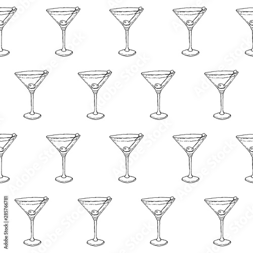 Martini Dry Cocktail in a glass decorated with an olive on a stick. Seamless pattern of cocktails. Monochrome sketch, hand drawing. Outline, doodle. Vector illustration. EPS10