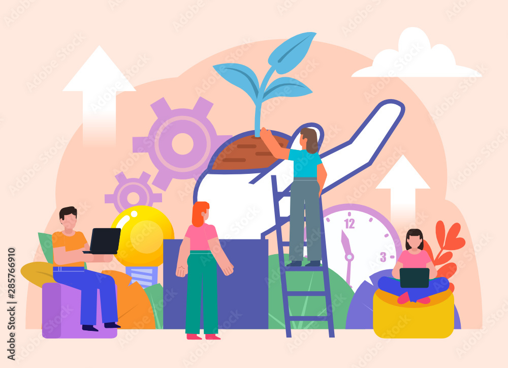 Business startup metaphor. Group of people stand near big plant, sprout. Flat design vector illustration. Poster for social media, web page, banner, presentation