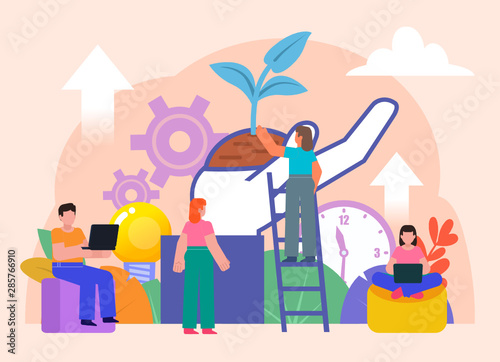 Business startup metaphor. Group of people stand near big plant  sprout. Flat design vector illustration. Poster for social media  web page  banner  presentation