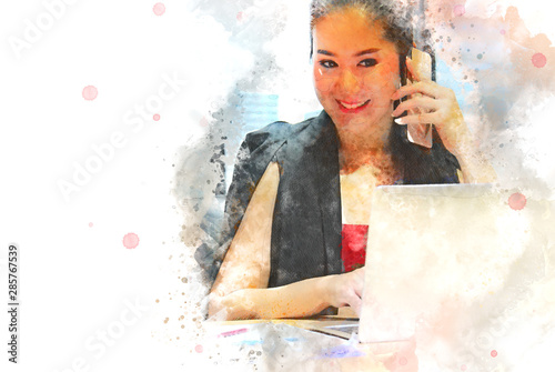 Quadro su tela Abstract Woman talking mobile phone for work on watercolor  illustration painting background