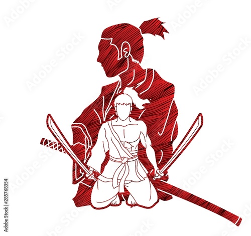 Samurai warriors with swords action cartoon graphic vector.