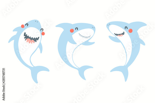 Collection of cute funny sharks. Isolated objects on white background. Hand drawn vector illustration. Flat style design. Color drawing. Concept for summer children print.