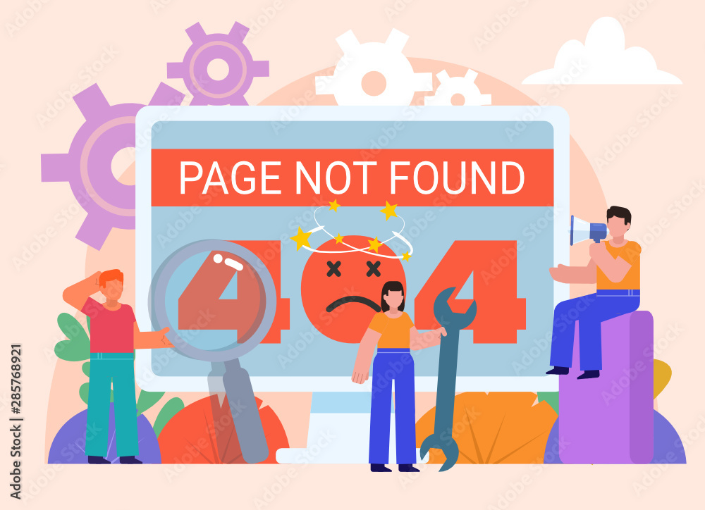 Page not found, 404 error banner. Group of people stand near big screen. Flat design vector illustration.  Poster for social media, web page, banner, presentation