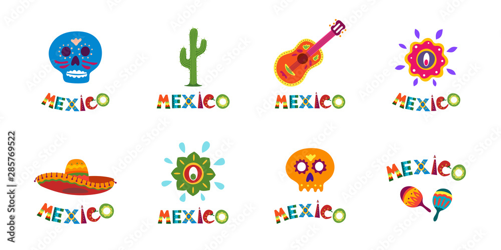 Mexico typography banner collection with colorful text decoration set. Festive mexican sombrero and cactus vector illustration ideal for national holiday celebration event