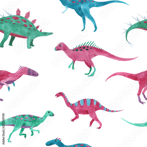 Seamless pattern with watercolor cute little Dinosaurs characters. Cartoon childish prehistoric reptile print in blue  green  pink colors. Perfect for baby kid fabric textile and wrapping paper.