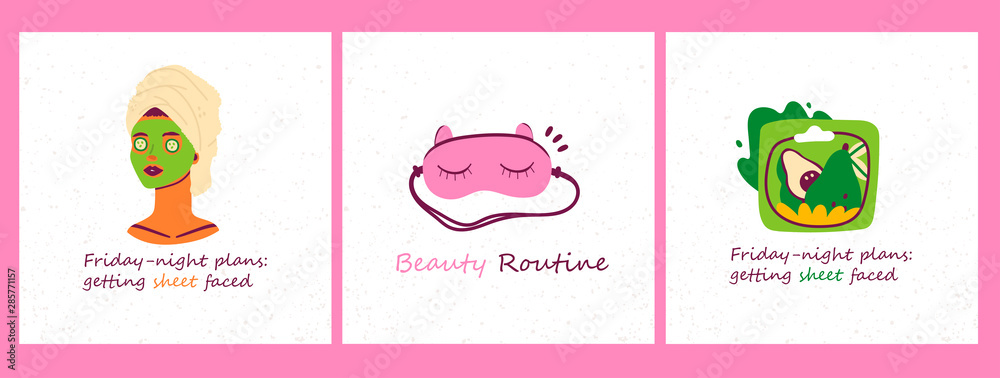 Skin care routine. Set of three hand drawn vector illustrations. Lady with cucumber slices and towel on the head, avocado moisturizing sheet mask, pink sleeping mask with closed eyes and cat ears