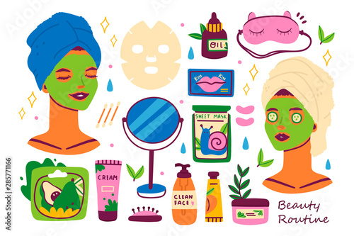 Skin care routine icons. Various beauty objects. Face care concept. Cleansing, moisturizing, treating. Hand drawn vector set. Cartoon style. Flat design. All elements are isolated