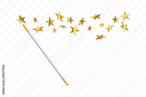 Magic wand with 3d stars on transparent background. Trace of gold dust. Magic abstract background isolated. Miracle and magic. Vector illustration.
