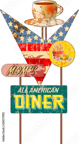 grungy vintage diner sign, retro style, vector illustration