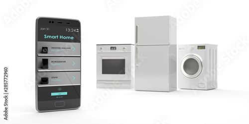 Home appliances set and smart phone on white background. 3d illustration
