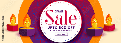 happy diwali sale banner with colorful diya decoration