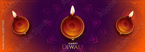 happy diwali long banner with beautiful colors and diya photo