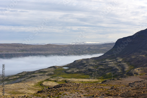 Magic foggy morning and beautiful view of lava fields, Iceland, Europe.