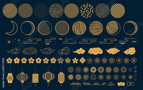 Set of gold decorative elements in oriental style with moon, stars, clouds, pattern circles, lanterns, fireworks, flowers, for Chinese New Year, Mid Autumn. Isolated objects. Vector illustration.