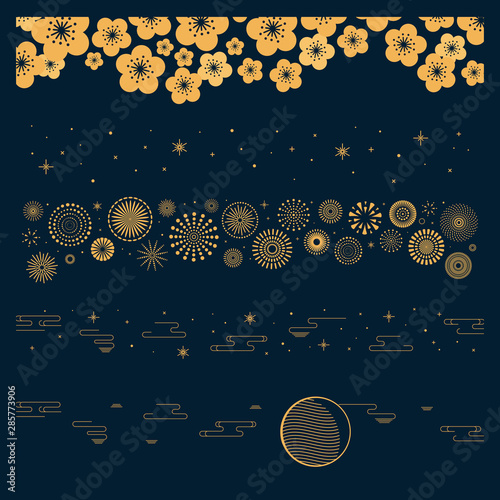 Collection of gold decorative horizontal borders in oriental style with moon, stars, clouds, flowers, fireworks, for Chinese New Year, Mid Autumn Festival. Isolated objects. Vector illustration.