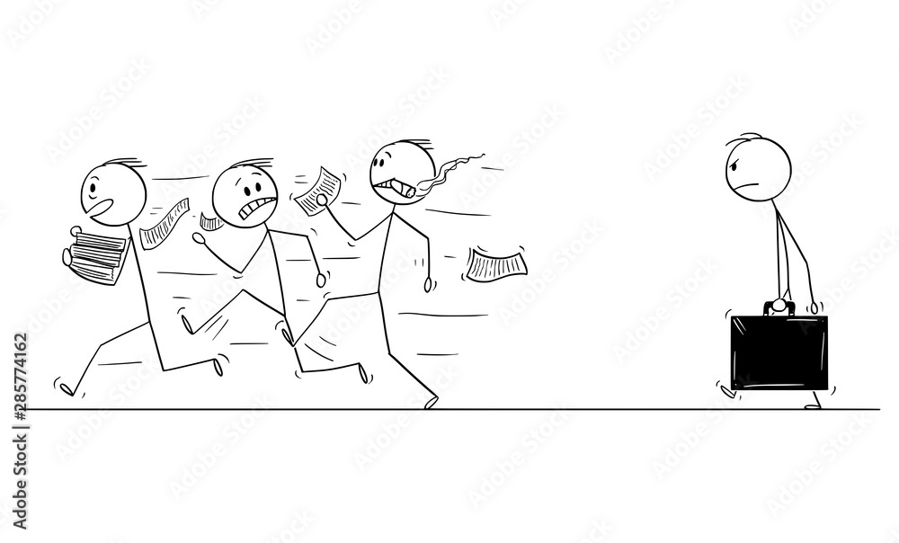 Vector cartoon stick figure drawing conceptual illustration of group of men or businessmen running away in panic from auditor, examiner or inspector. Concept of tax or taxation. Vector cartoon stick figure drawing conceptual illustration of group of men or businessmen running away in panic from auditor, examiner or inspector. Concept of tax or taxation.